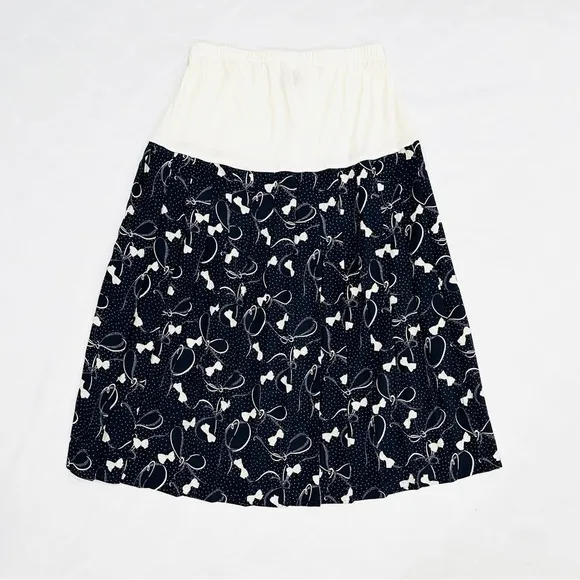 Vintage Allisia Drop Waist Cream Navy Bows Ribbons Printed Pleated Skirt
