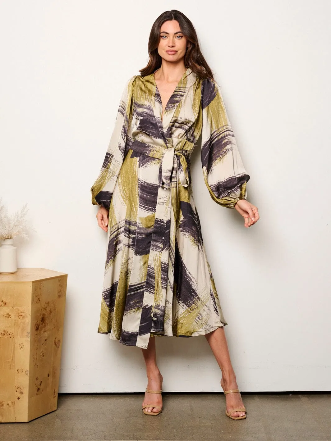 WOMEN'S LONG SLEEVE SELF TIE MULTI PRINT WRAP MIDI DRESS